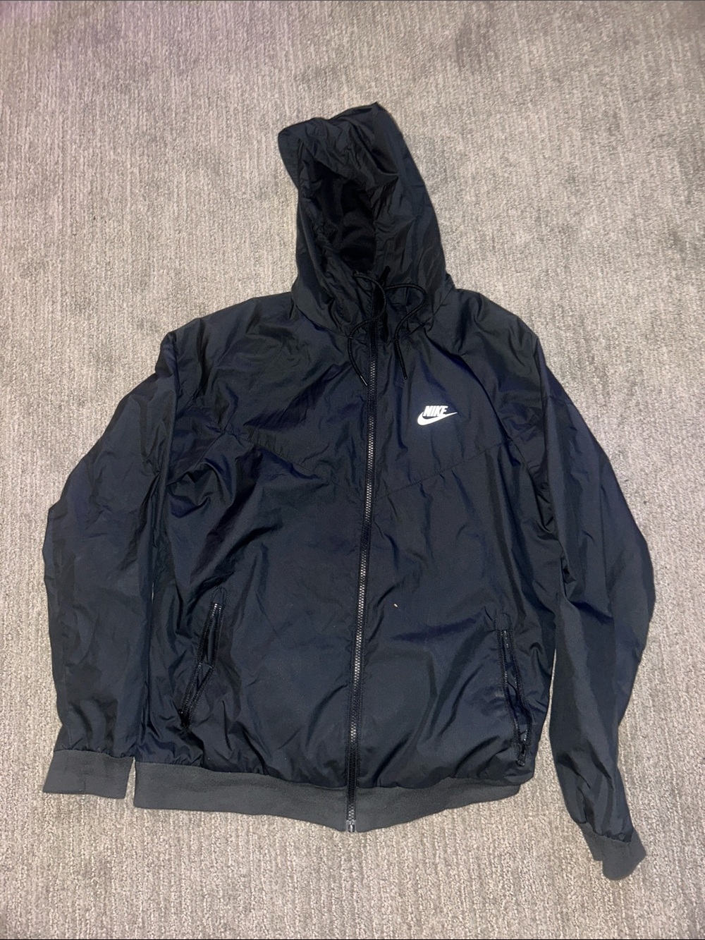 Nike Men's Black Hooded Windbreaker with White Swoosh